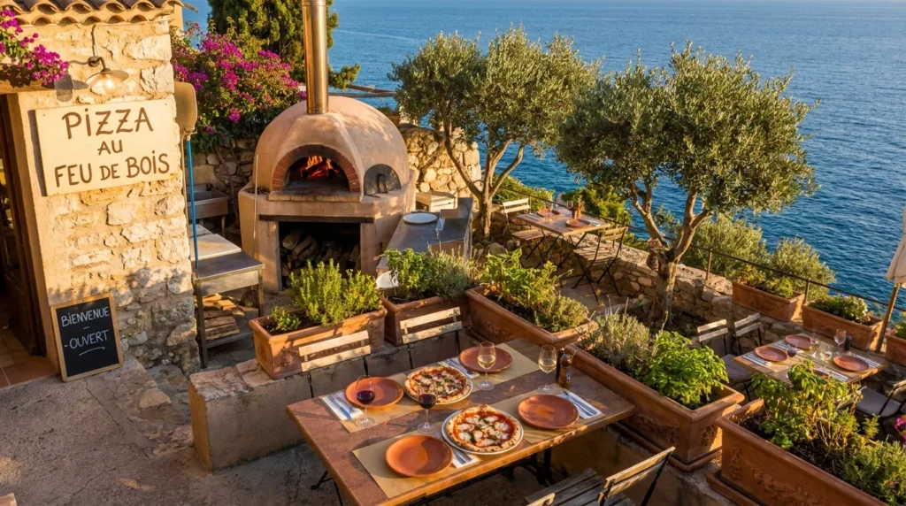 Terrasse de restaurant méditerranéen en bord de mer avec four à bois et pizzas servies au coucher du soleil