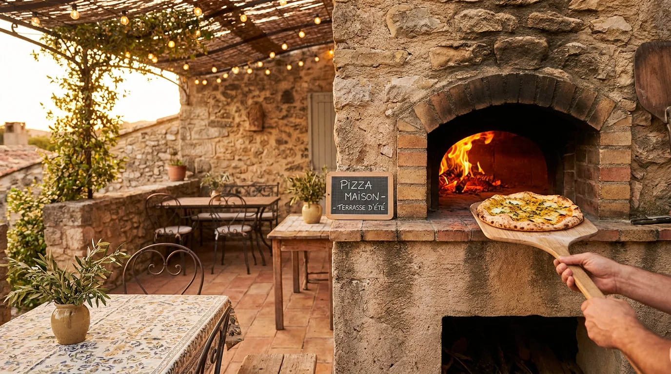 Pizza dorée sortant d'un four à bois traditionnel sur une terrasse méditerranéenne