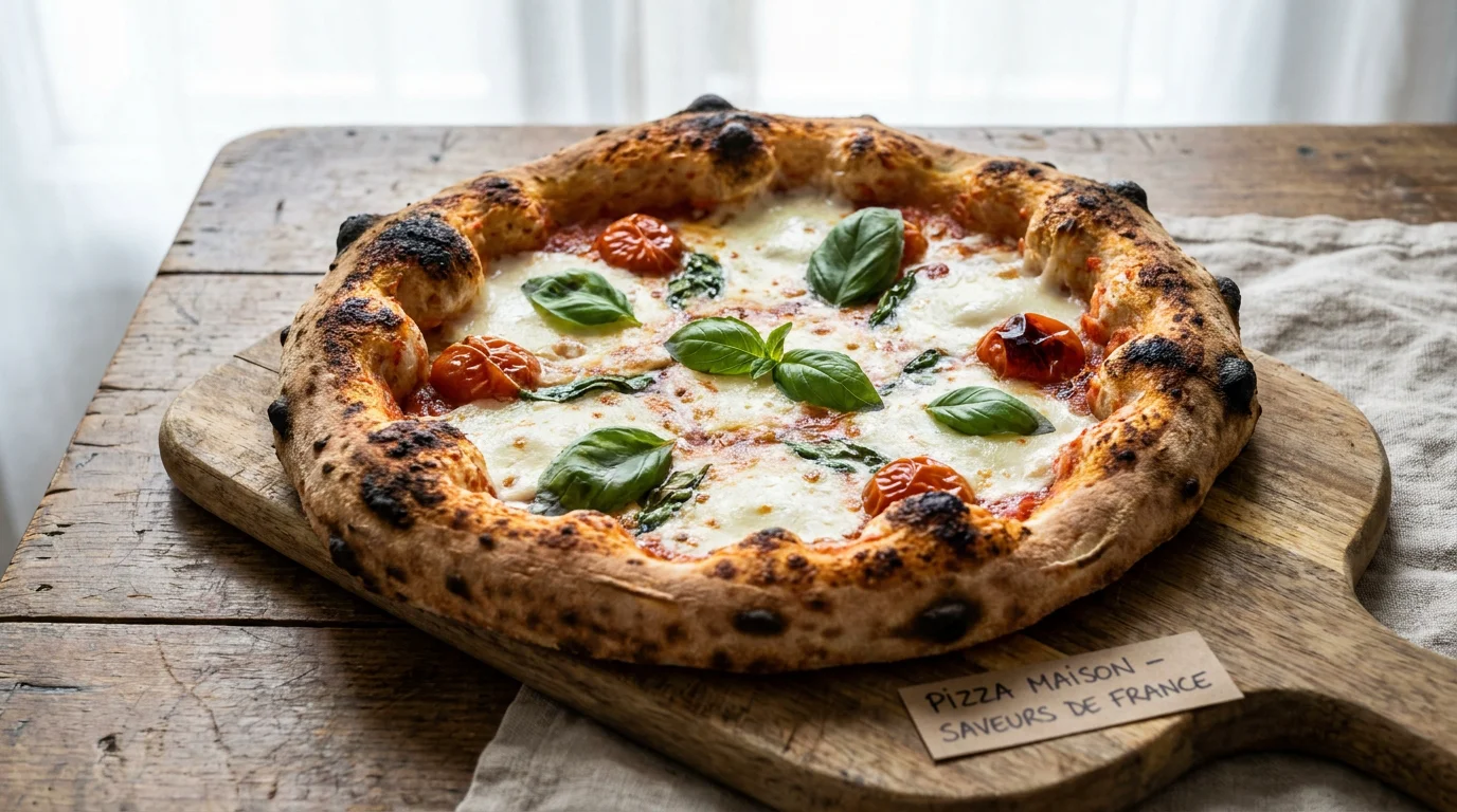 Gros plan sur une pizza fraîchement sortie du four avec mozzarella fondante et basilic frais
