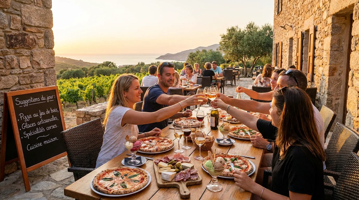 Table de restaurant en terrasse à Moriani-Plage avec pizzas au feu de bois et spécialités corses