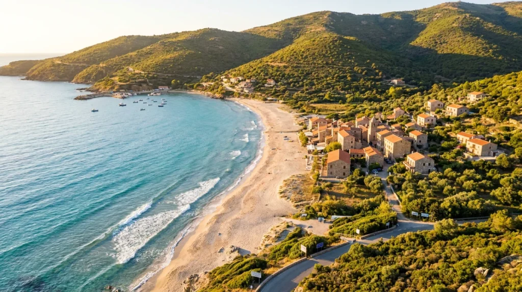 Vue aérienne de Moriani Plage en Corse avec plage de sable et mer turquoise