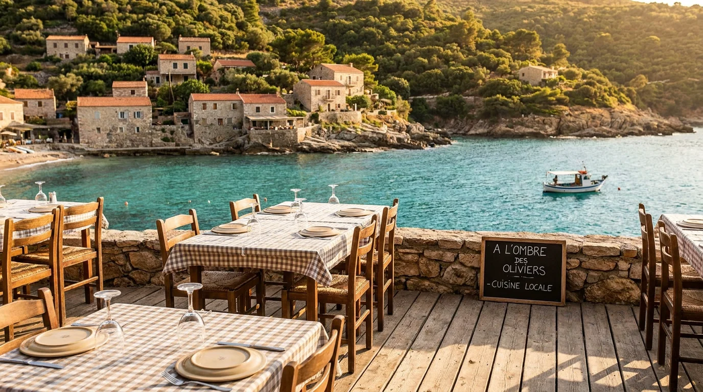 Terrasse de restaurant en bord de mer à Moriani Plage avec vue sur la Méditerranée