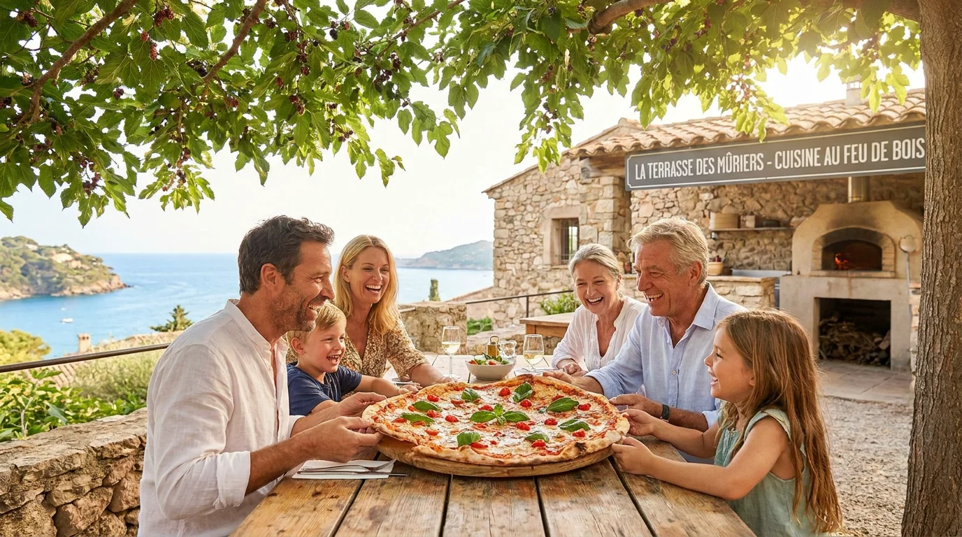 Famille dégustant une pizza au feu de bois sous les mûriers platanes à Moriani Plage