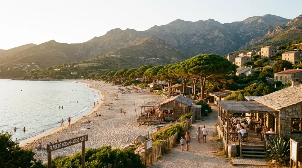 Vue panoramique de Moriani Plage en Corse au coucher de soleil