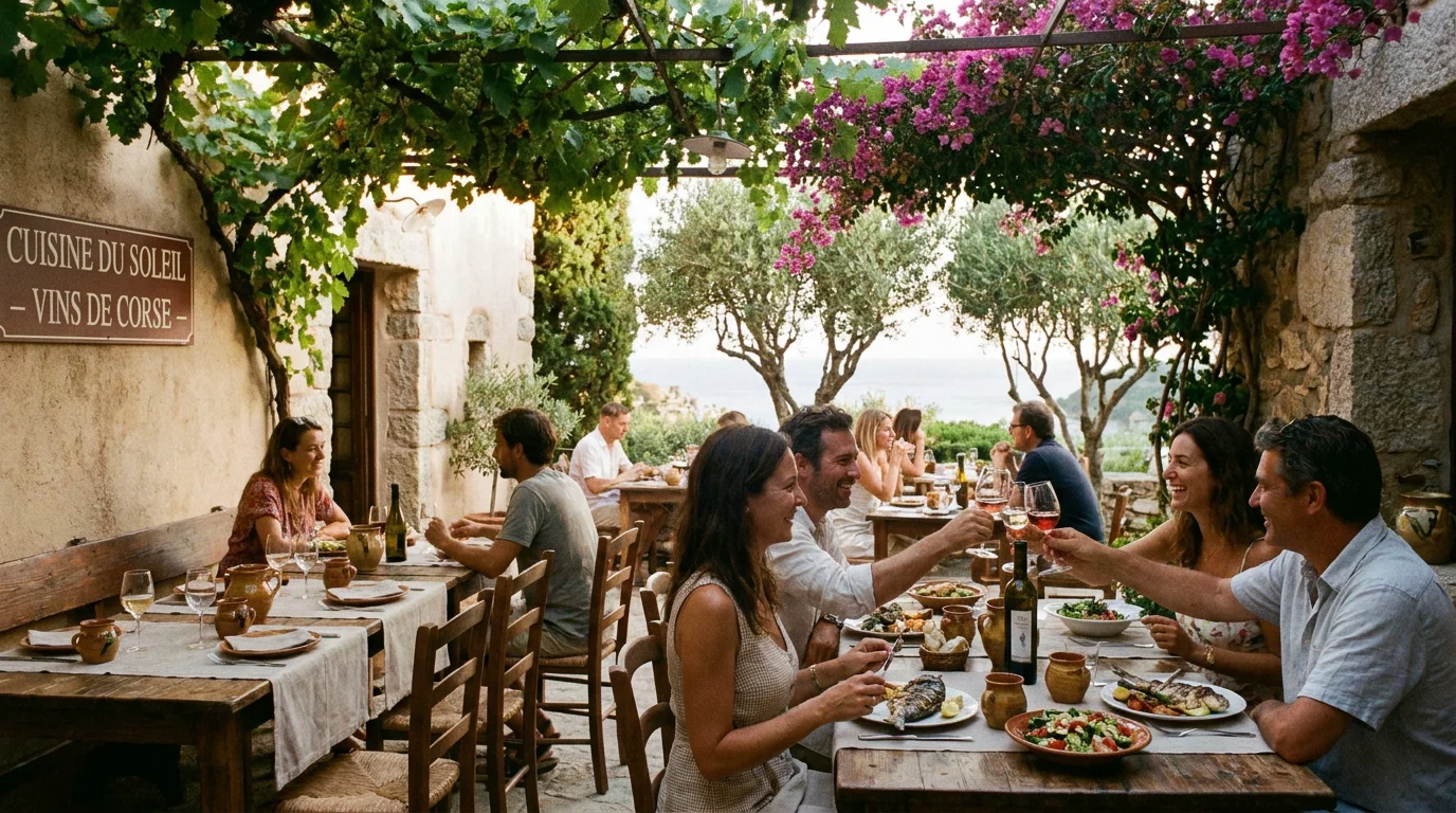 Terrasse ombragée d'un restaurant méditerranéen en Corse avec pergola végétale