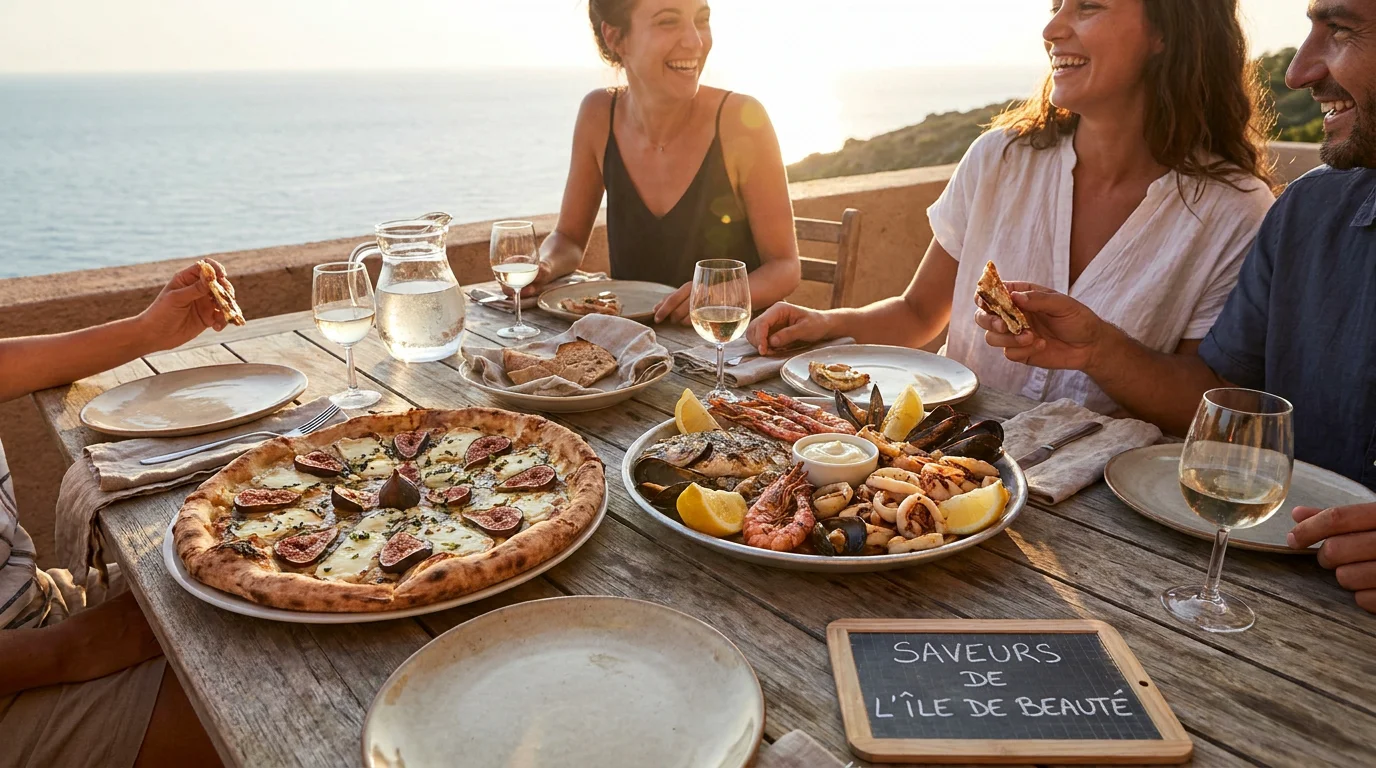 Plat de cuisine corse et pizza servis en terrasse sous une pergola