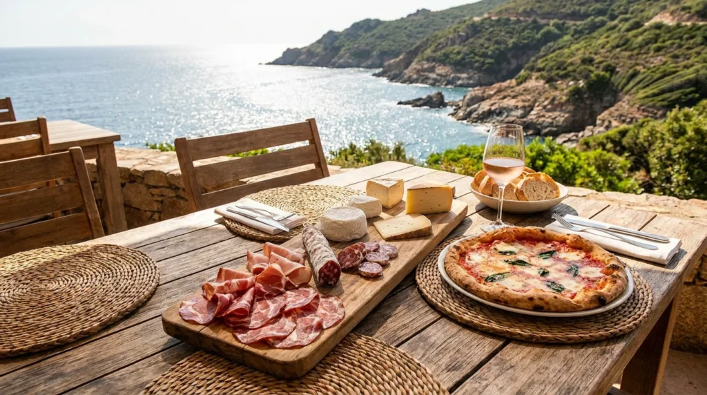 Table de restaurant en terrasse avec plats corses face à la mer Méditerranée