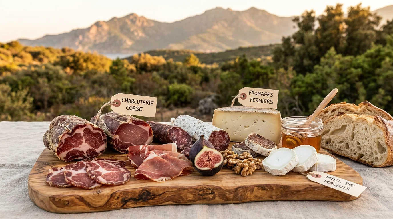 Plateau de charcuteries et fromages corses sur planche en bois avec maquis en arrière-plan
