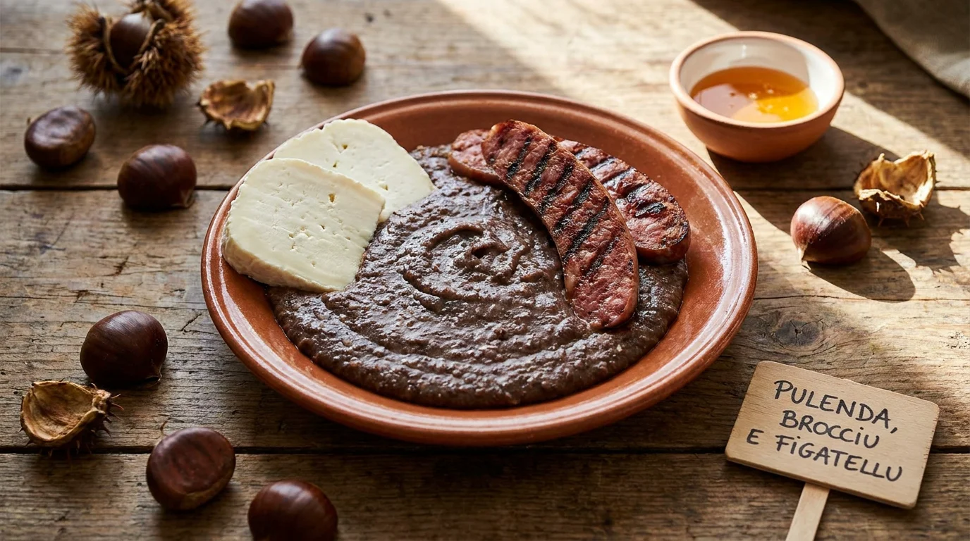 Pulenda corse servie avec brocciu et figatellu sur table rustique