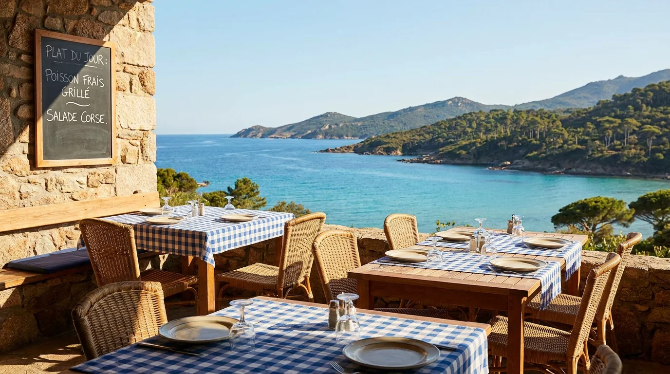 Terrasse de restaurant en bord de mer à Moriani Plage en Corse