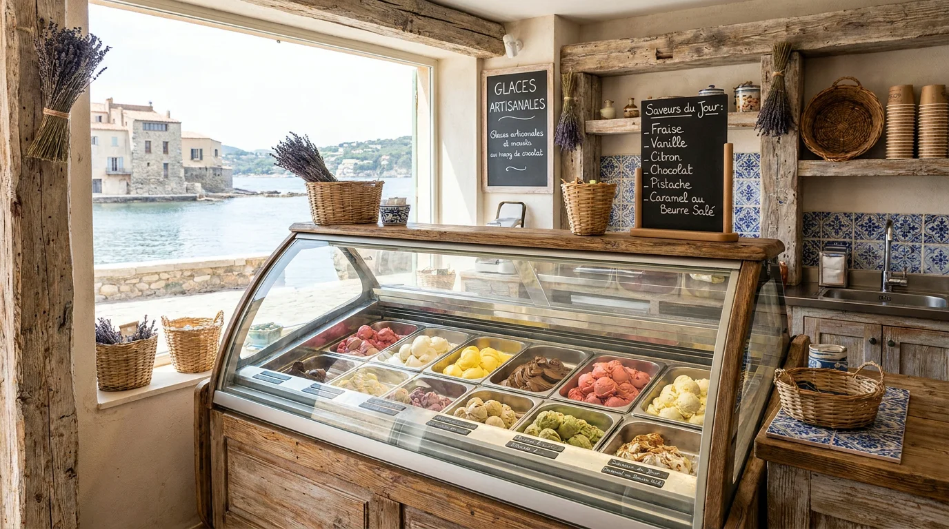 Vitrine de glaces artisanales dans un glacier en bord de mer en Corse