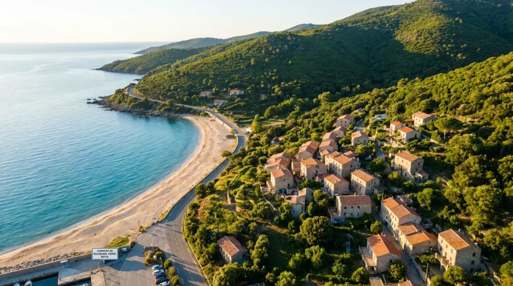 Vue aérienne de San-Nicolao entre mer Tyrrhénienne et montagne corse