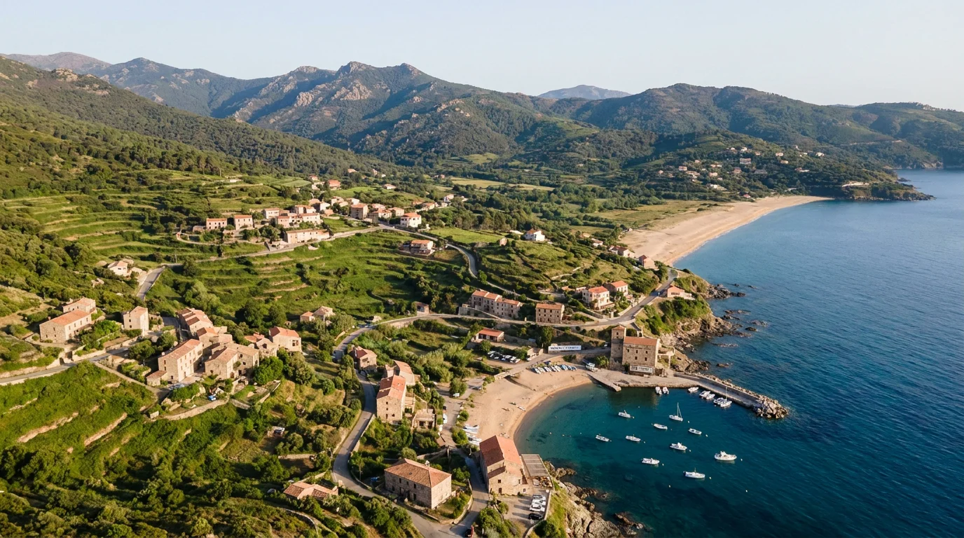 Vue aérienne de la côte orientale de la Corse avec plage de sable et hameaux en colline