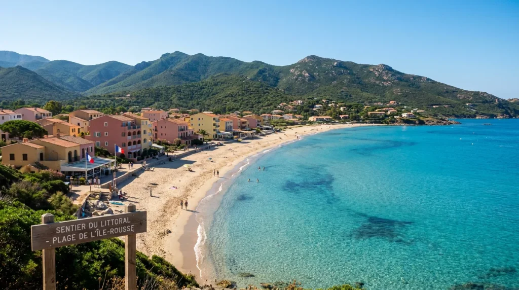 Panorama de Moriani Plage en Corse avec plage de sable, hôtels méditerranéens et montagnes verdoyantes