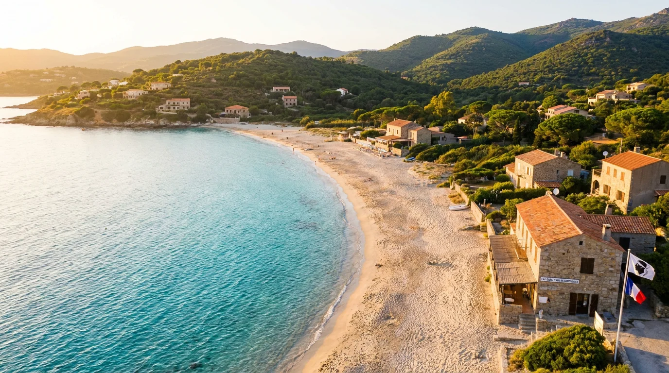Vue aérienne de la plage de Moriani en Corse avec eau turquoise et collines verdoyantes