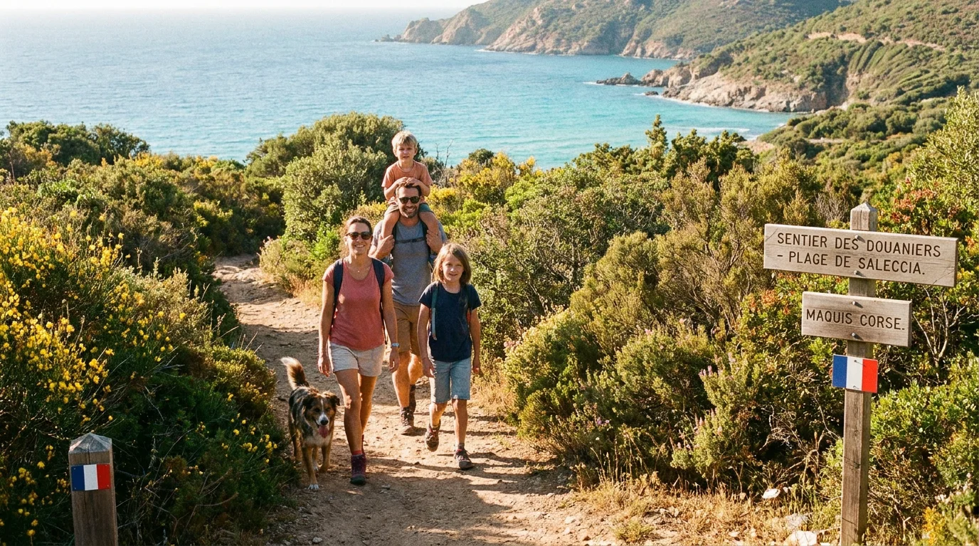 Famille en randonnée sur un sentier corse avec vue sur la mer Méditerranée