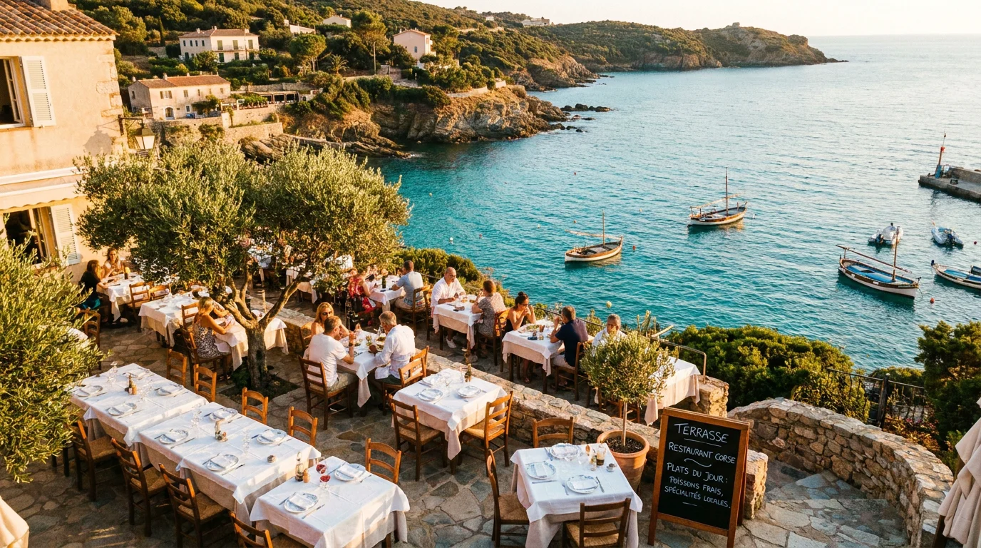 Terrasse de restaurant en bord de mer à Moriani Plage en Corse