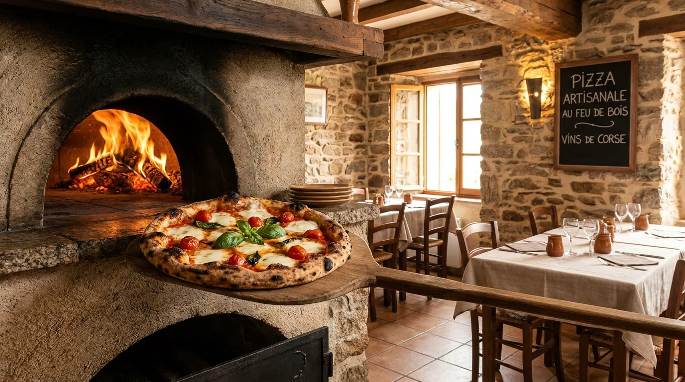 Pizza au feu de bois servie dans un restaurant corse à Moriani