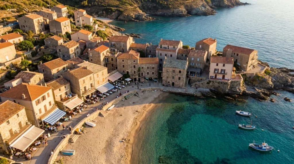 Vue aérienne de Moriani Plage en Corse avec restaurants en bord de mer