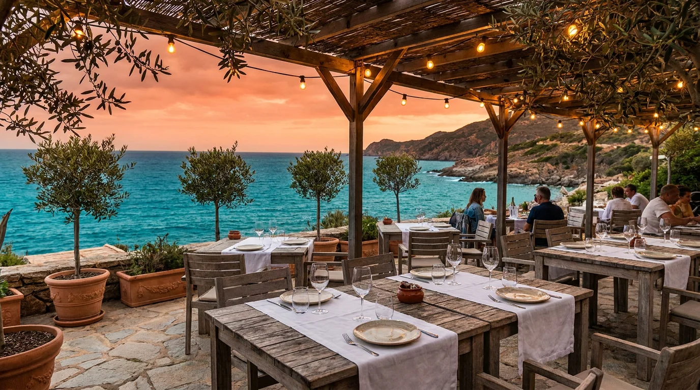 Terrasse de restaurant en bord de mer à Moriani Plage au coucher du soleil