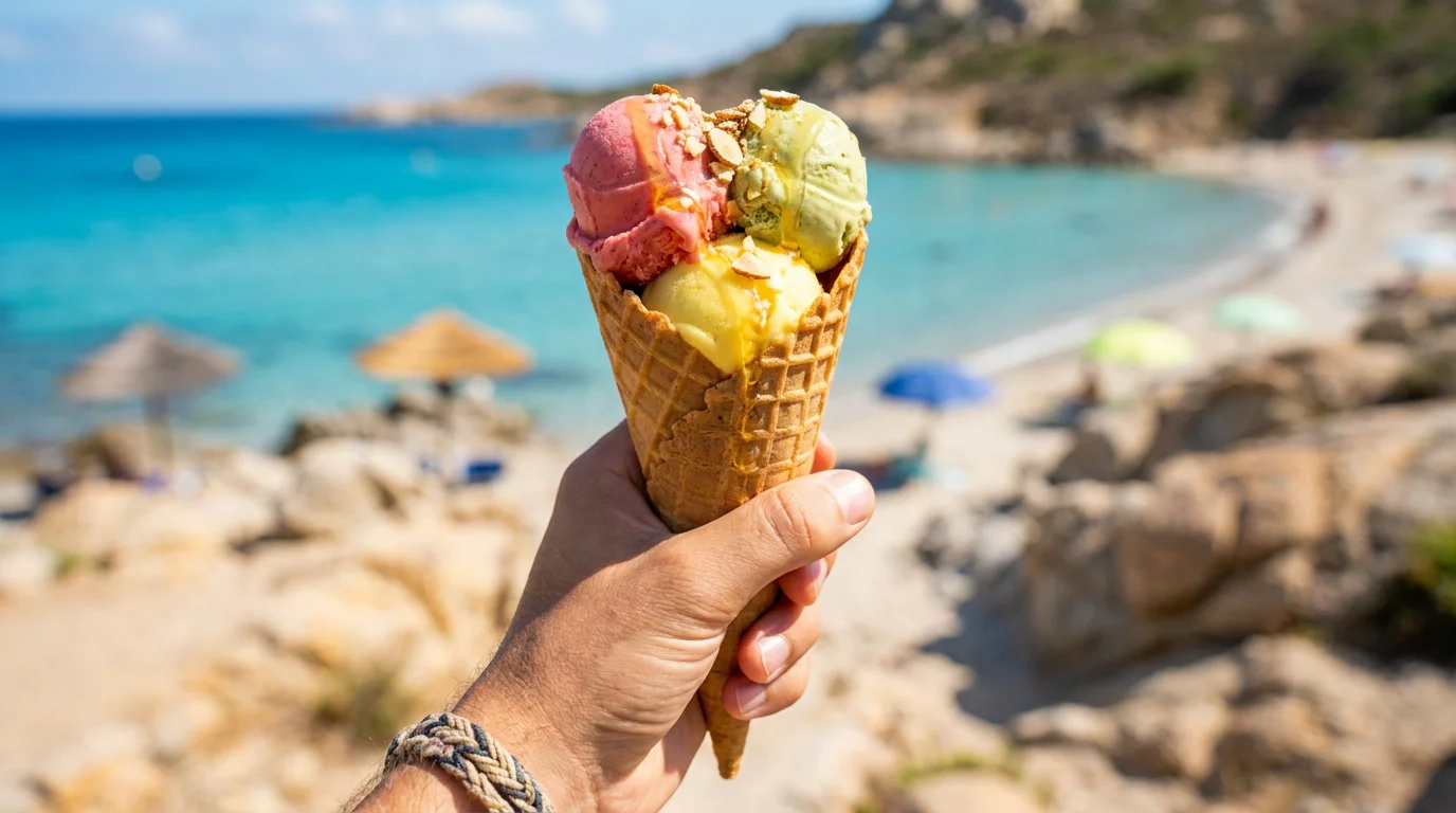 Cornet de glaces artisanales avec plage méditerranéenne en arrière-plan