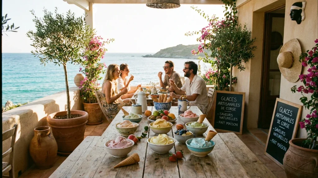 Coupes de glaces artisanales sur une terrasse de bord de mer en Corse