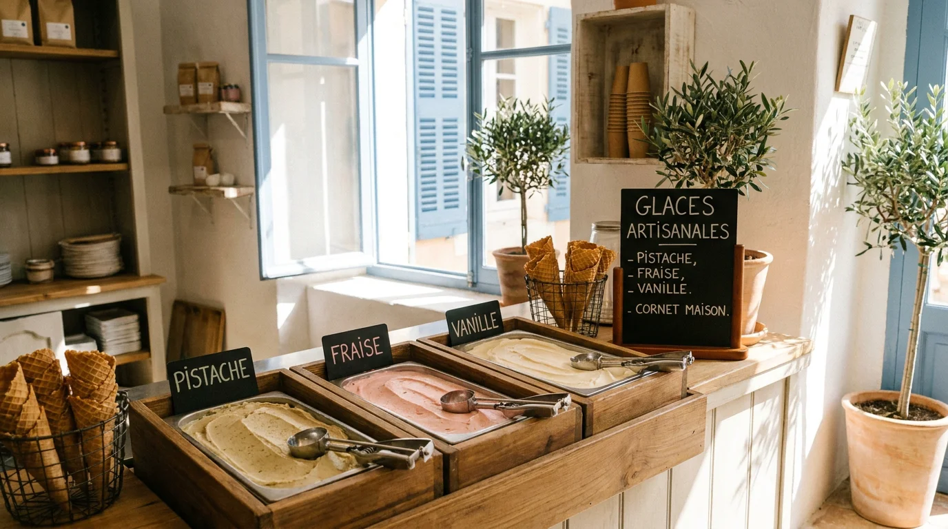 Comptoir de glacier artisanal avec bacs de glaces aux couleurs naturelles