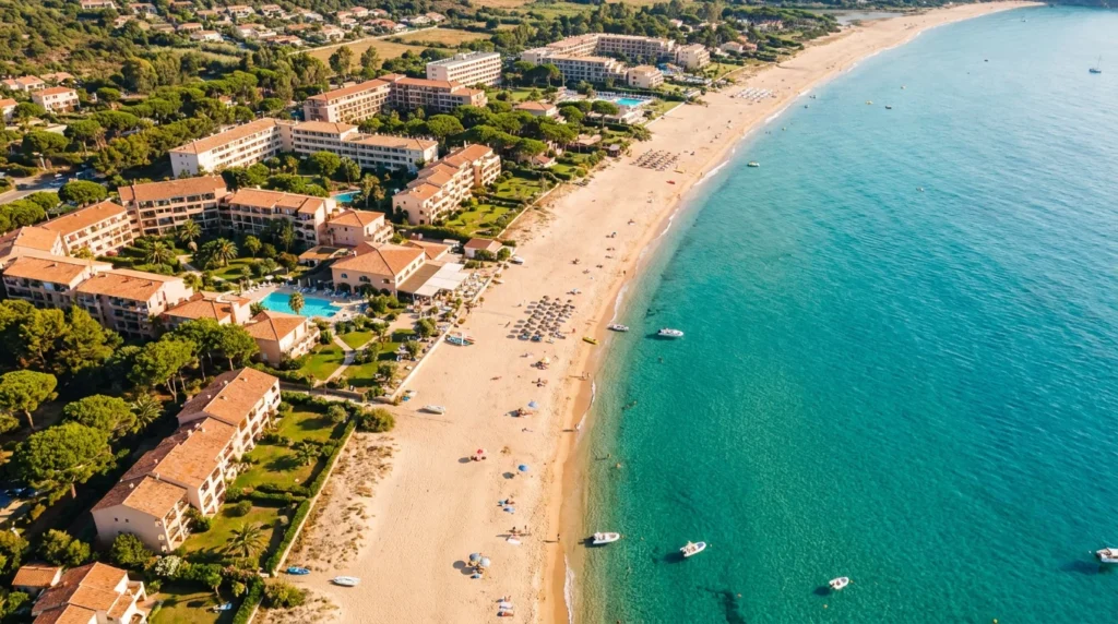 Vue aérienne de Moriani Plage en Haute-Corse avec sa plage de sable et la mer Tyrrhénienne