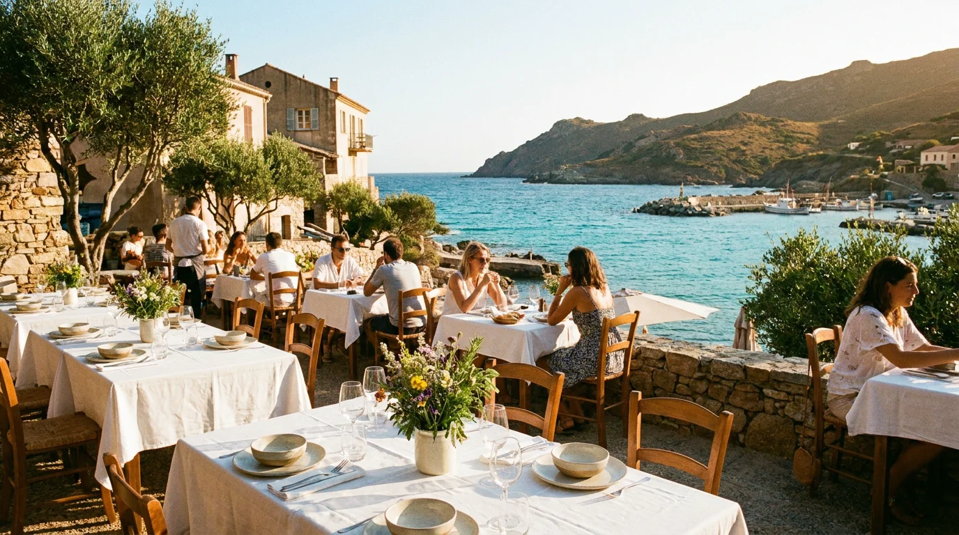 Terrasse de restaurant face à la mer à Moriani Plage en Corse
