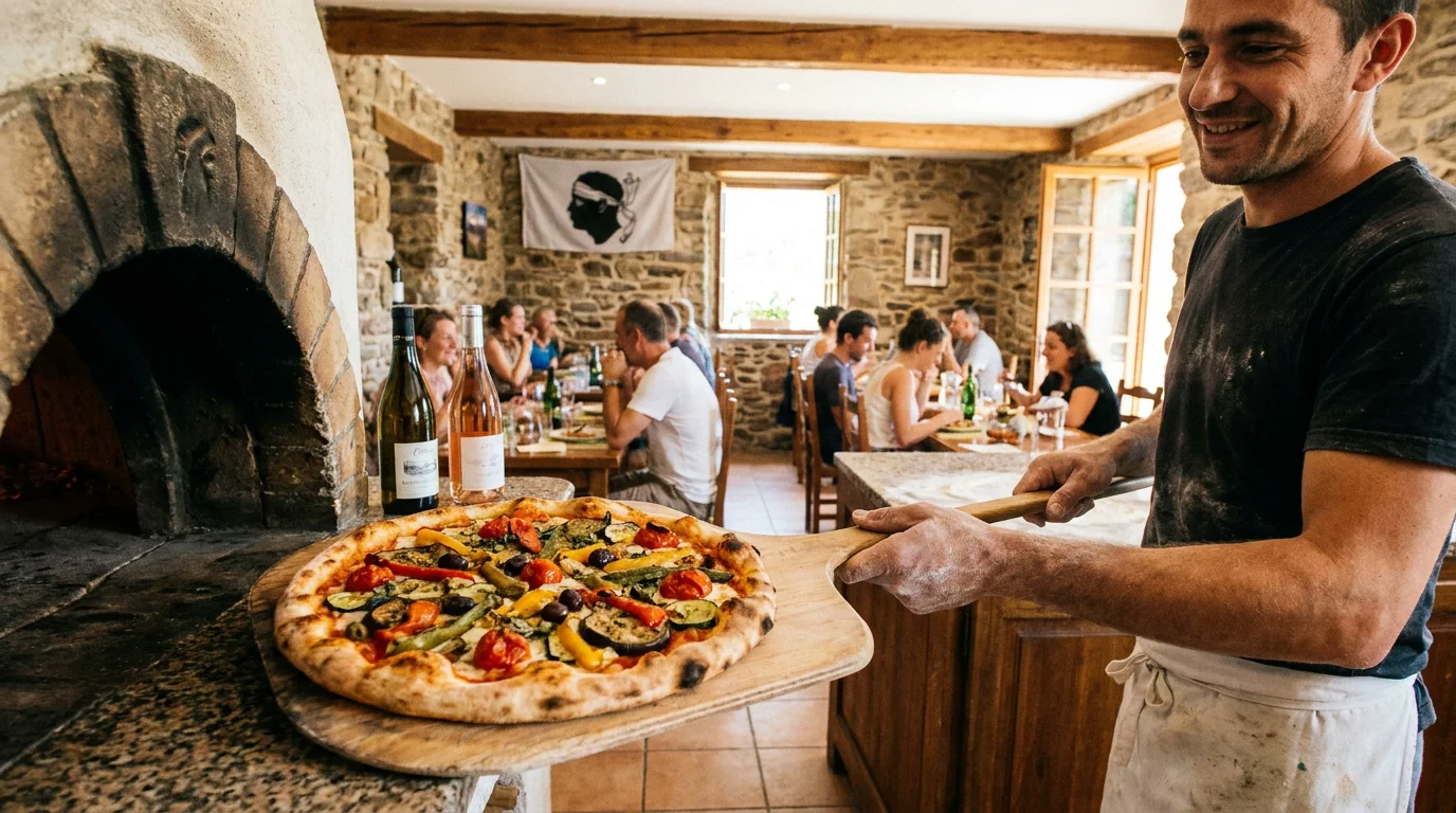 Pizza au feu de bois sortant du four dans un restaurant corse à Moriani