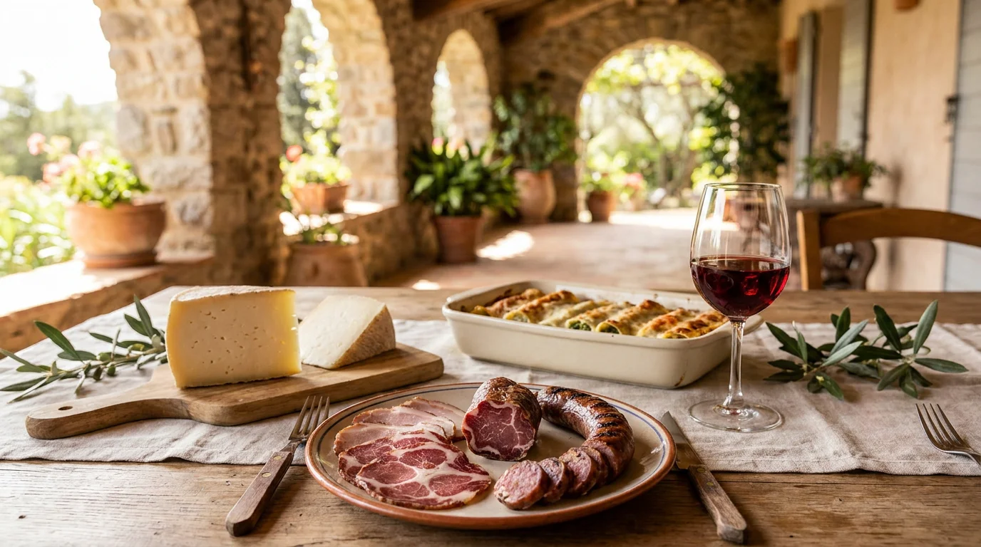 Plats traditionnels corses servis en terrasse dans un restaurant de San Nicolao