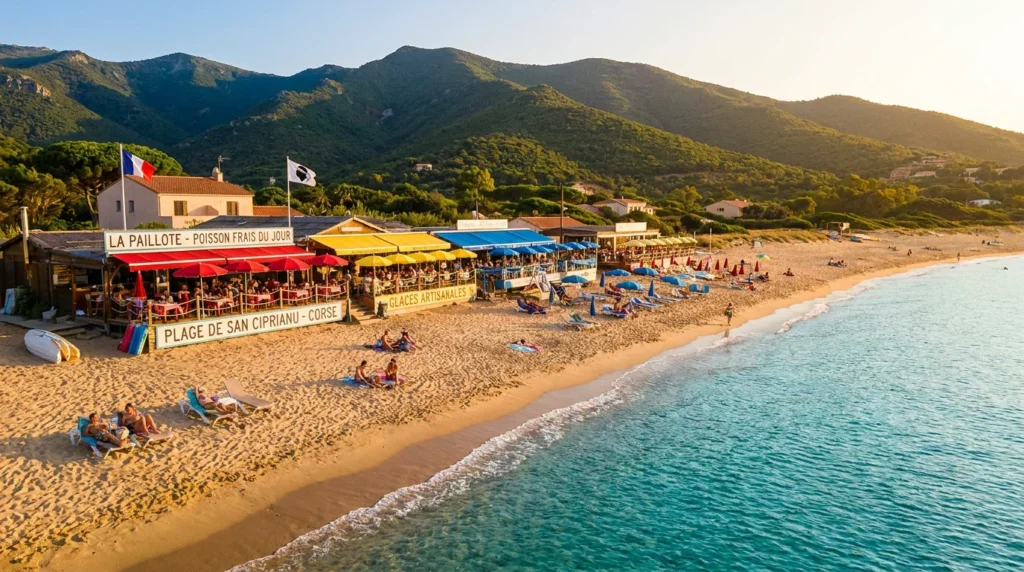 Vue aérienne de la plage de Moriani et des restaurants en bord de mer à San Nicolao en Corse