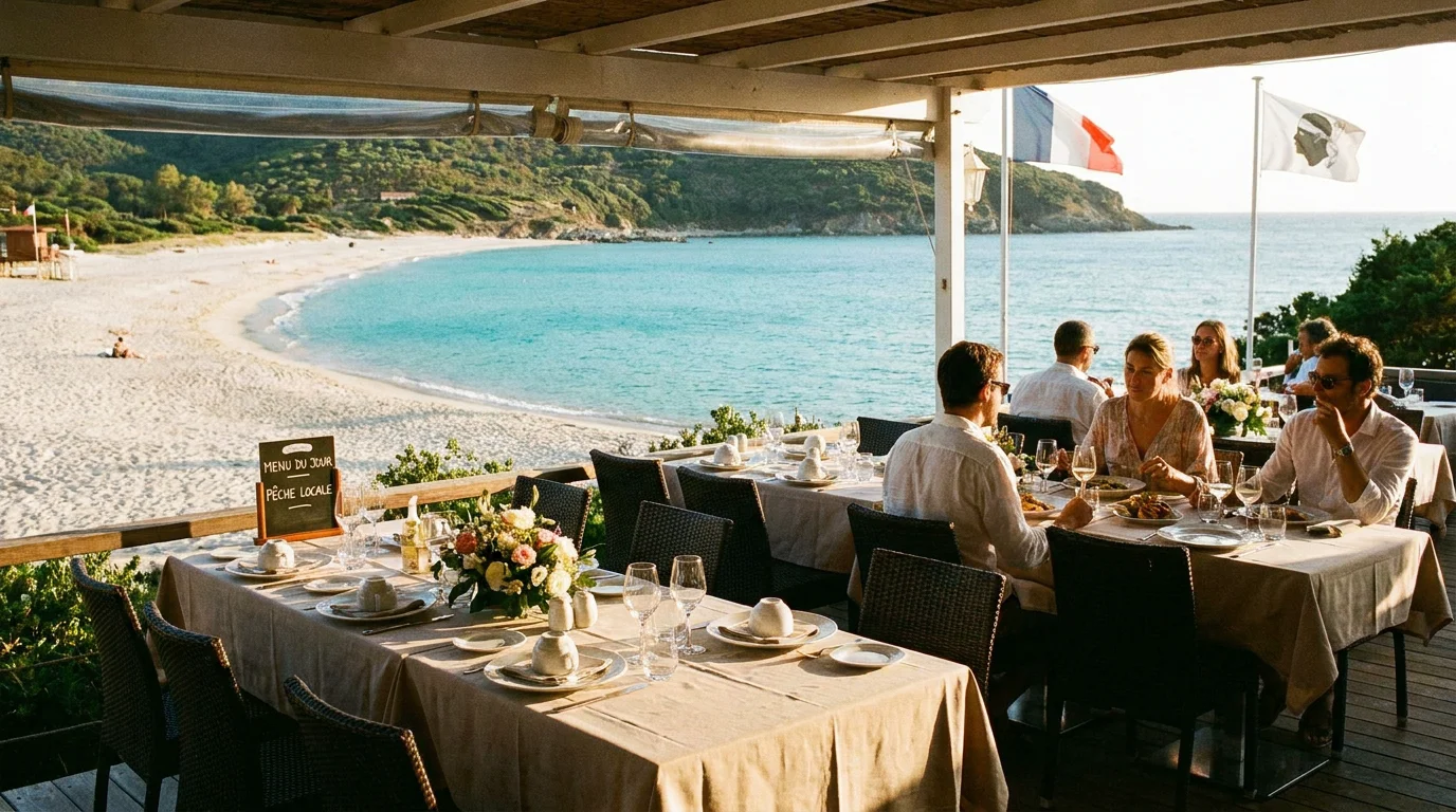 Terrasse de restaurant face à la mer sur la côte orientale corse à San Nicolao