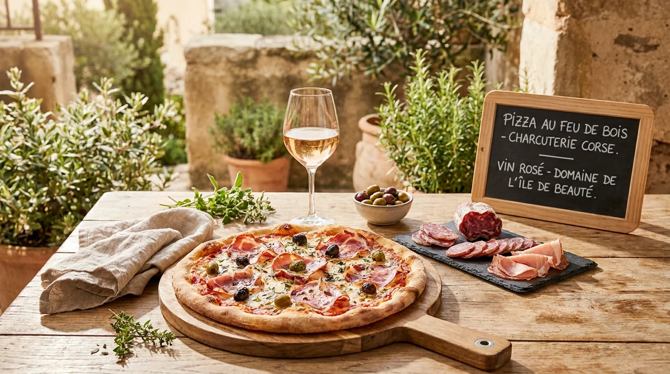 Pizza au feu de bois accompagnée de charcuterie corse sur une table méditerranéenne