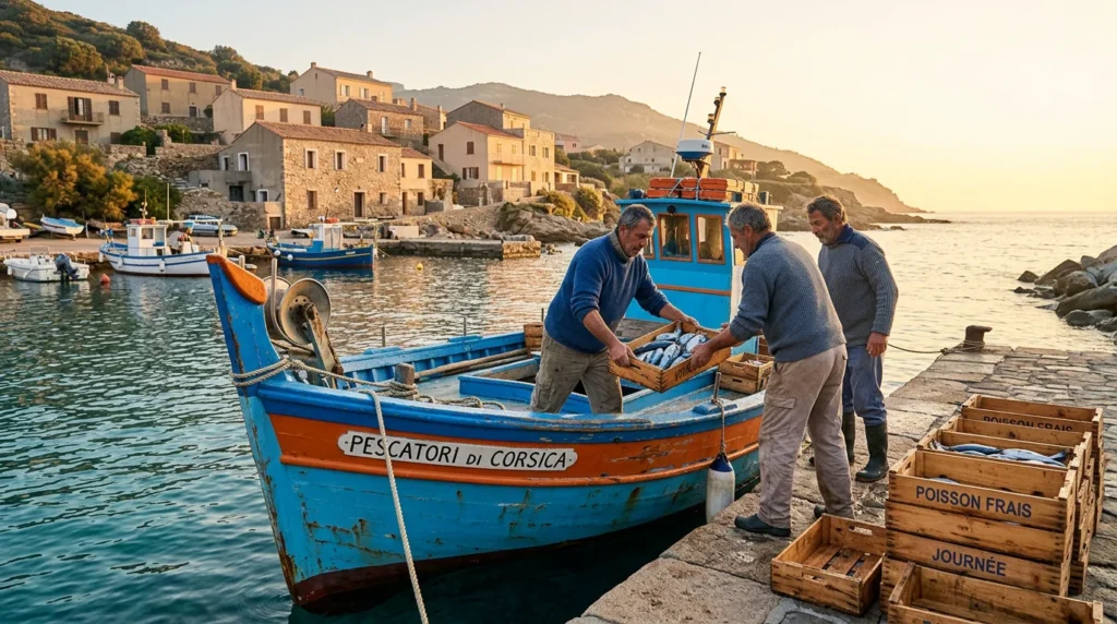 Bateau de pêche corse déchargeant du poisson frais au petit matin