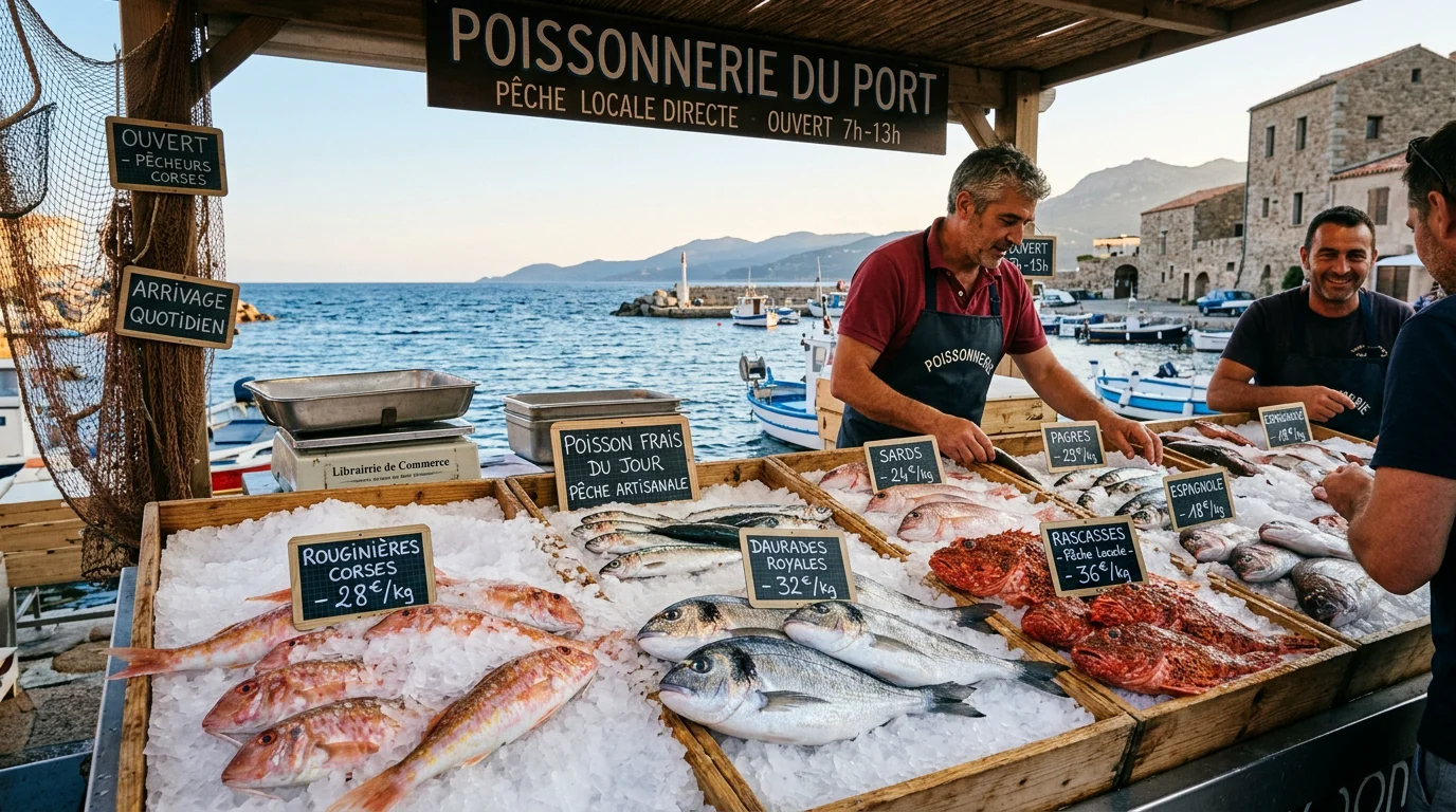 Étal de poissons frais méditerranéens sur la côte orientale de la Corse