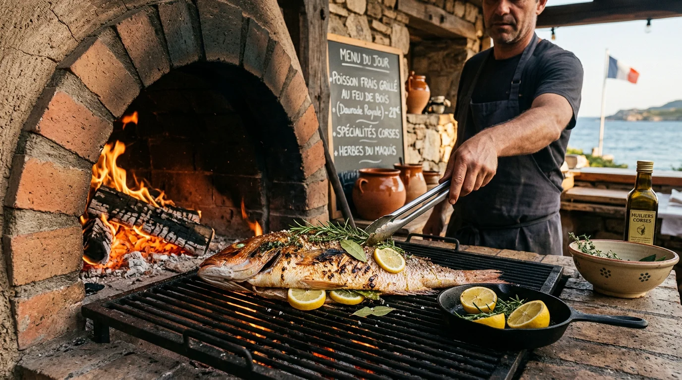 Poisson méditerranéen cuit au four à bois avec herbes et citron