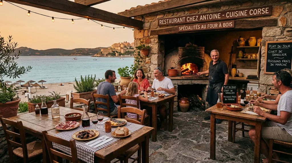 Terrasse d'un restaurant corse familial au feu de bois près de la mer à San Nicolao