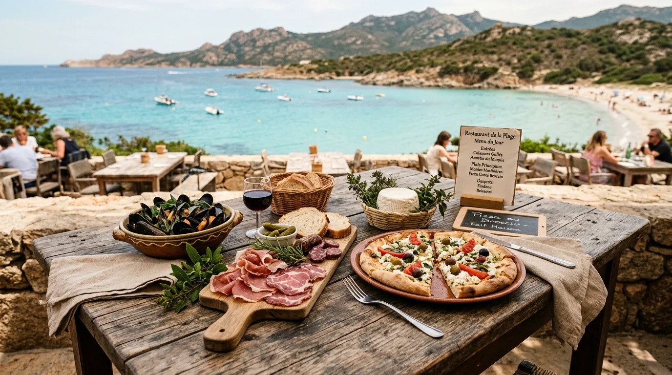 Table de produits corses locaux sur une terrasse près de la plage à San Nicolao