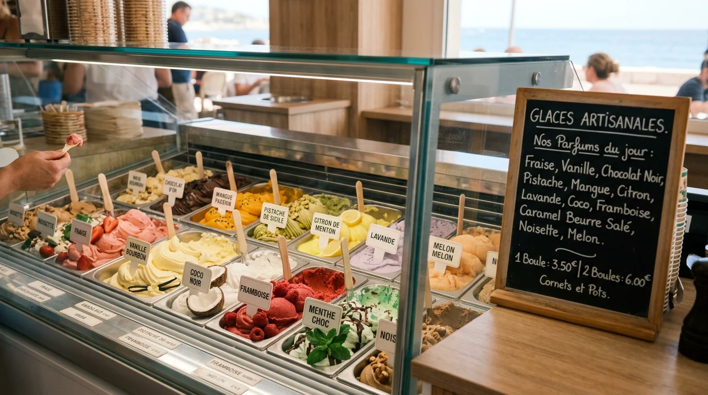 Vitrine de glaces artisanales faites main à San Nicolao