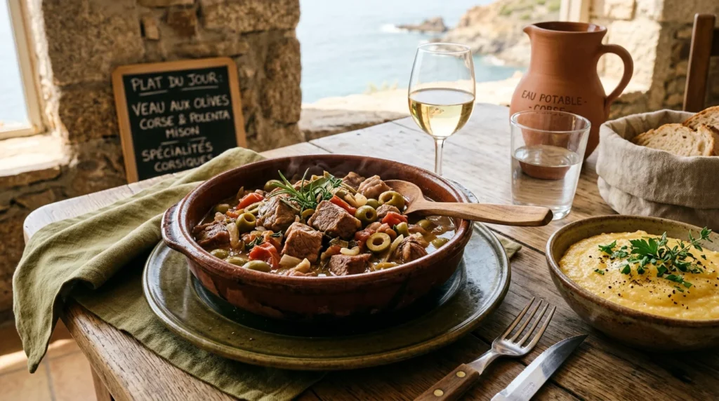 Assiette de sauté de veau à la corse aux olives et polenta