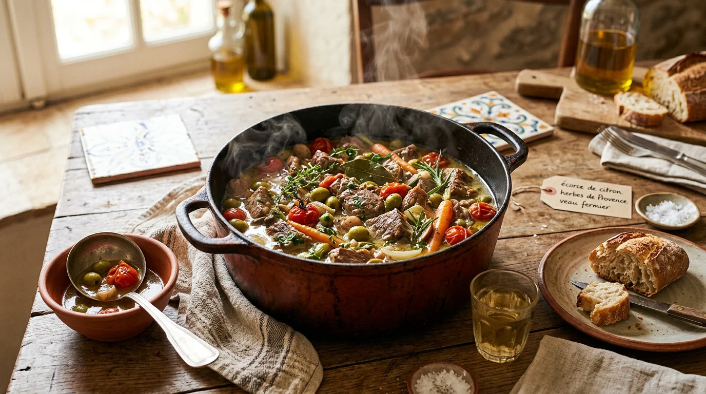 Cocotte de sauté de veau aux olives à la corse en train de mijoter