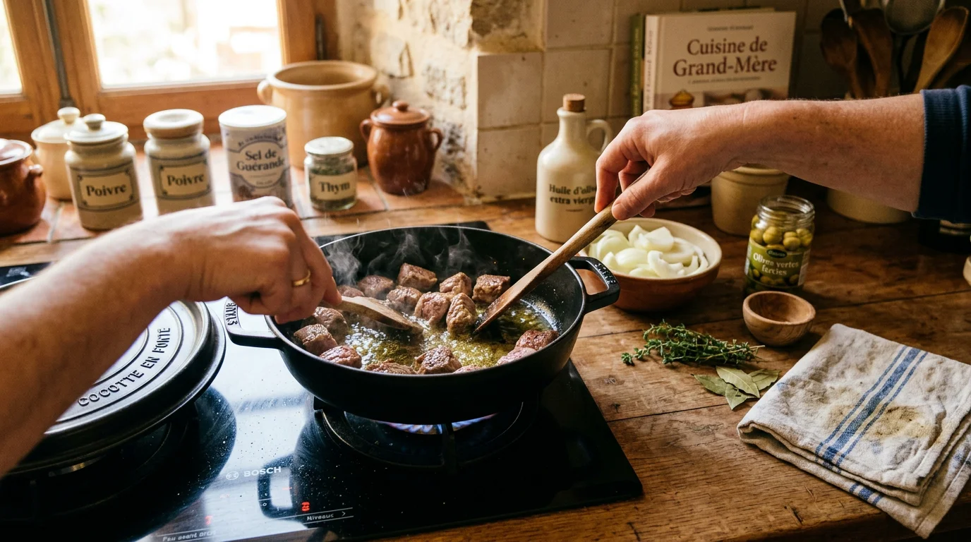 Préparation du sauté de veau, viande dorée dans une cocotte en fonte