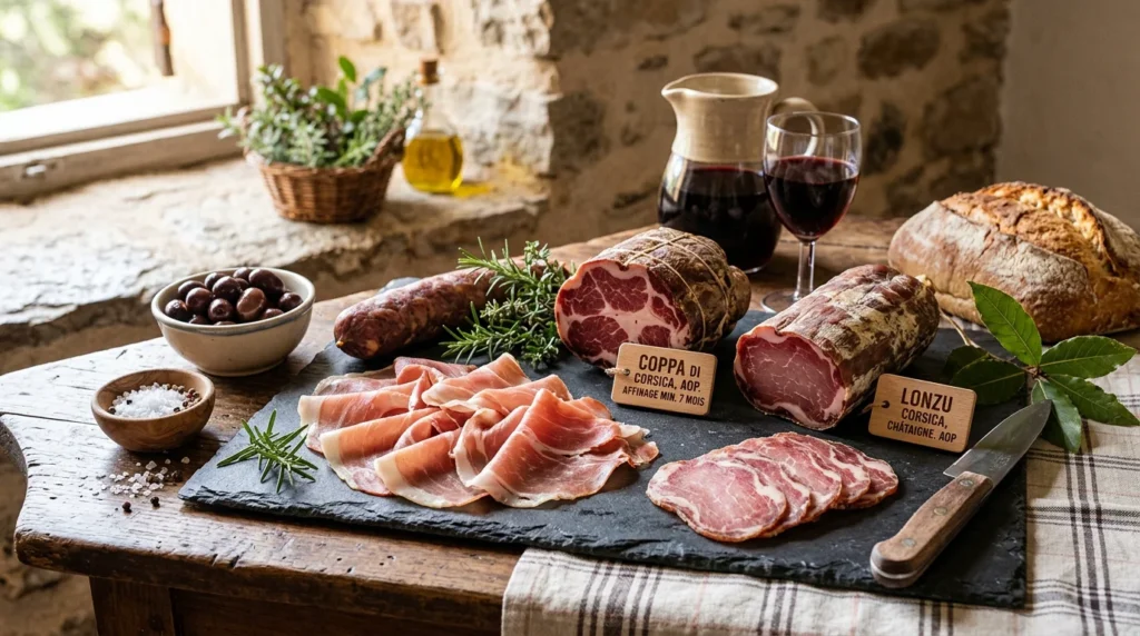 Étal de charcuterie corse artisanale avec coppa, lonzu et jambon sec