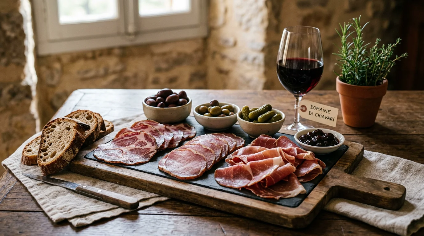 Planche de charcuterie corse avec coppa, lonzu et prisuttu tranchés