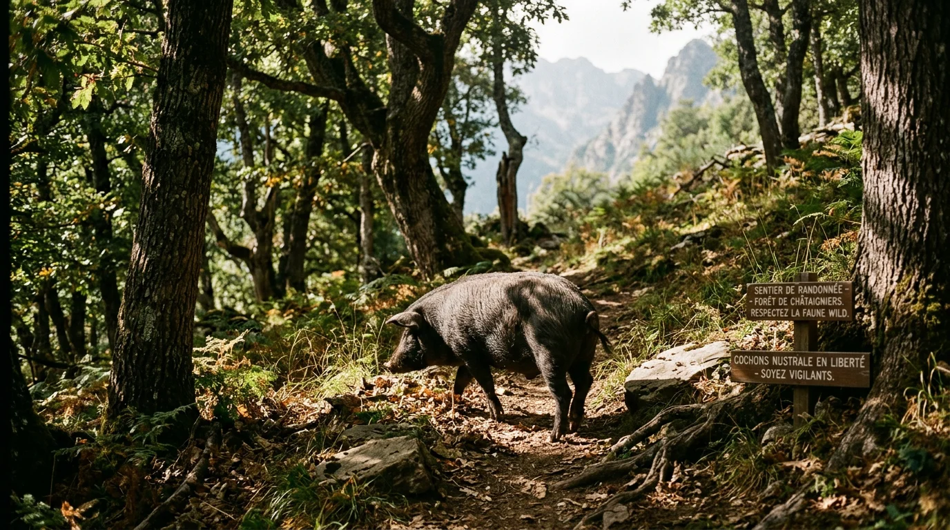 Porc Nustrale en liberté dans une châtaigneraie corse