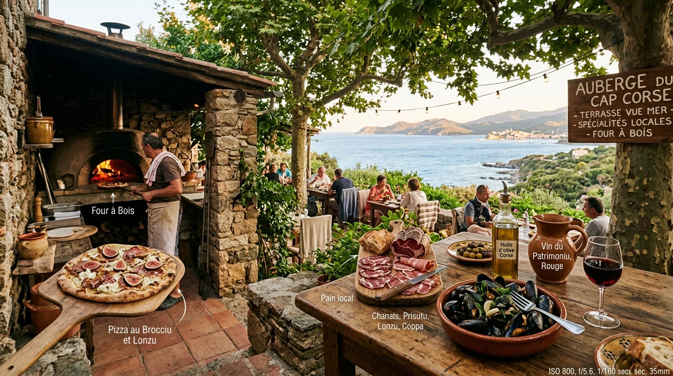 Terrasse d'un restaurant corse avec four à bois et spécialités près de la plage