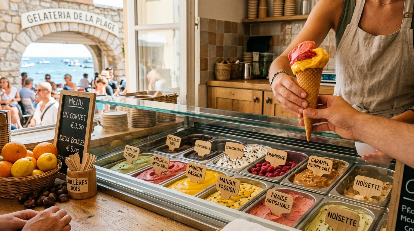 Comptoir de glaces artisanales avec de nombreux parfums colorés servis en cornet