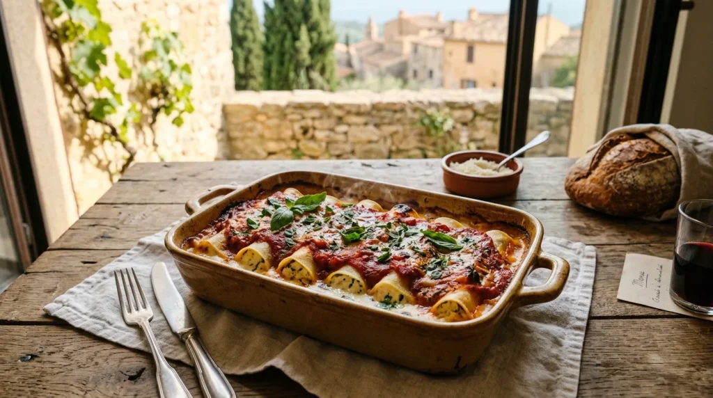 Plat de cannelloni au brocciu maison doré au four avec sauce tomate