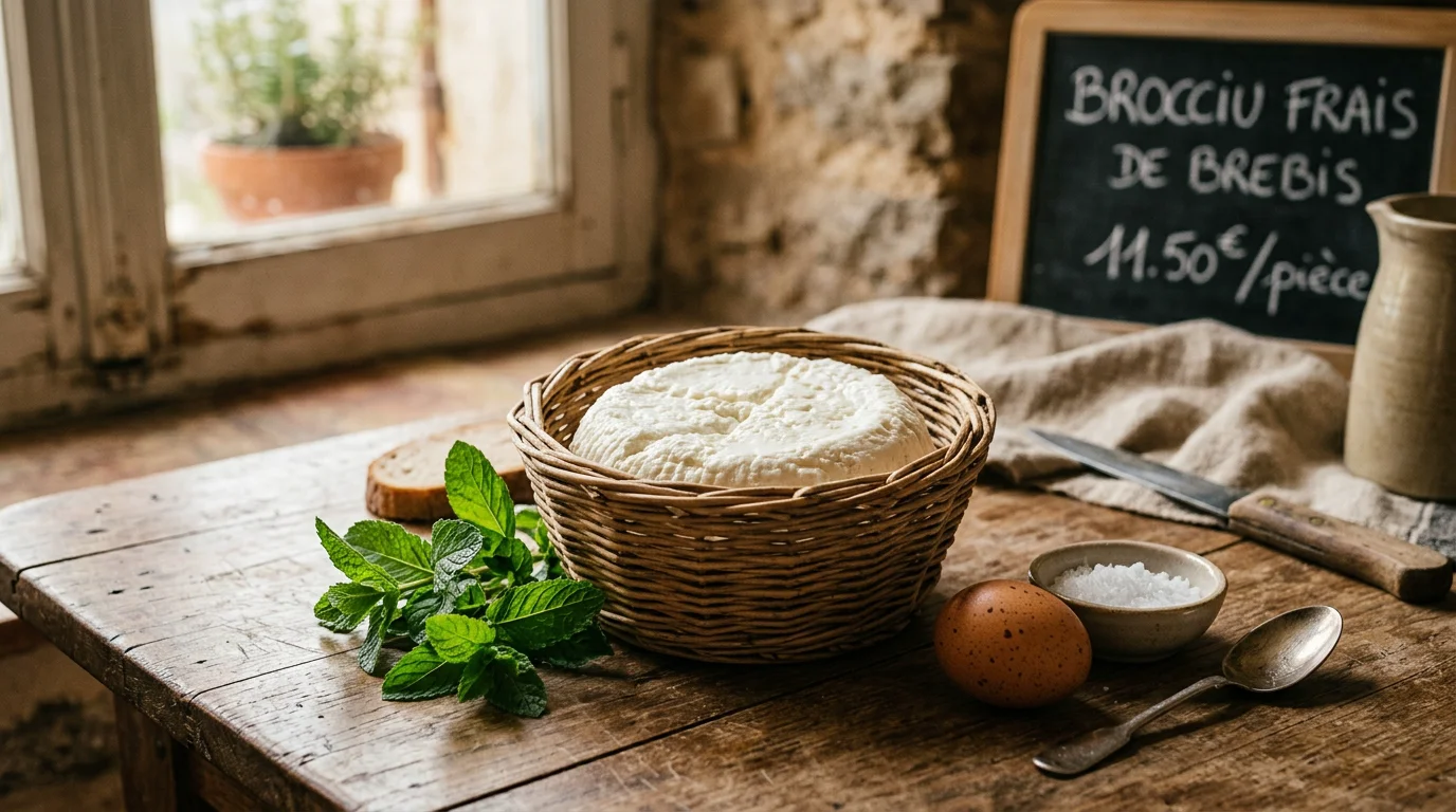 Brocciu frais corse dans une corbeille en jonc avec de la menthe et un œuf